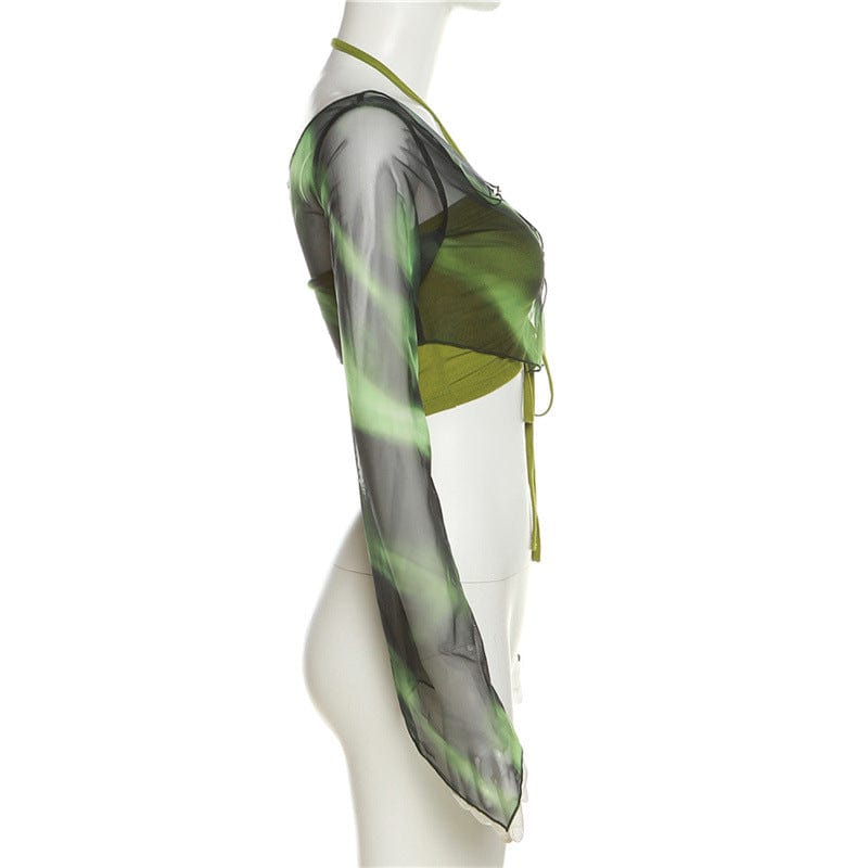 Damen-Crop-Top im Grunge-Stil mit Kordelzug und Neckholder und Mesh-Top - Gothic Shop