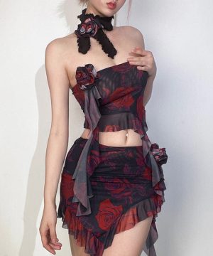 Damen-Grunge-Kleid mit unregelmäßigen Rosen-Rüschen und Neckwear - Gothic Shop