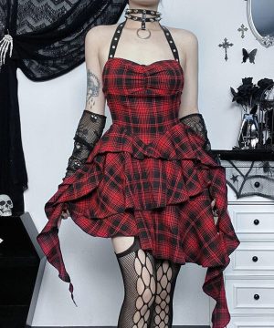Mehrlagiges Neckholder-Karokleid im Grunge-Stil für Damen - Gothic Shop