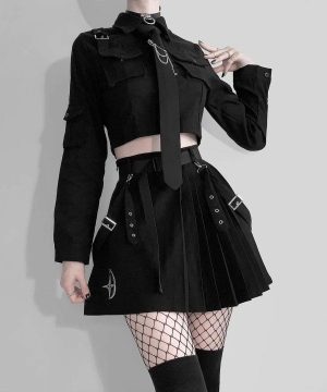 Langärmeliger schwarzer Grunge-Anzug für Damen mit Gürtel - Gothic Shop