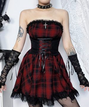 Damen-Grunge-Schulterfreies Kleid mit Spitzenspleiß und Karomuster - Gothic Shop