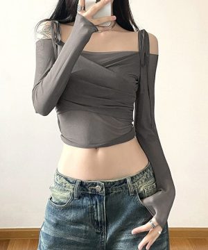 Schulterfreies, gerüschtes Mesh-Crop-Top im Grunge-Stil für Damen - Gothic Shop