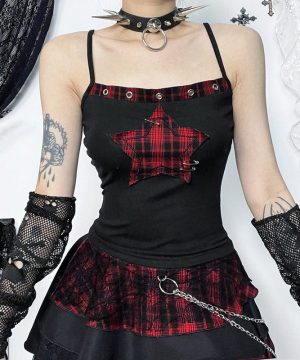 Damen-Tanktop mit Grunge-Karomuster und Splice-Pin - Gothic Shop