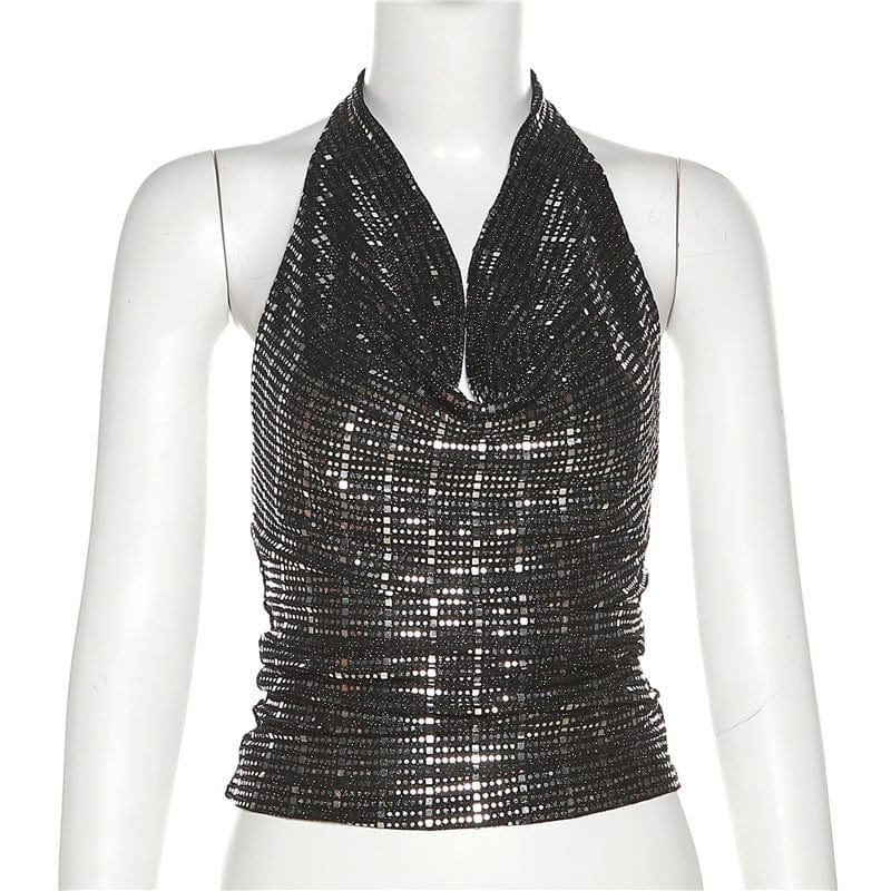 Damen-Tanktop im Grunge-Stil mit tiefem Paillettenausschnitt und Neckholder - Gothic Shop