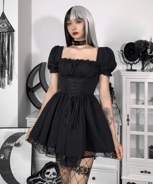 Damen-Kleid mit Rüschen und Puffärmeln im Grunge-Stil - Gothic Shop