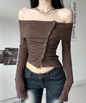 Schulterfreies Crop-Top mit langen Ärmeln und Rüschen für Damen im Grunge-Stil - Gothic Shop