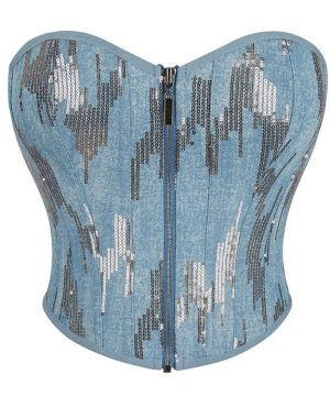 Damen-Overbust-Korsett aus Denim mit Grunge-Pailletten und Reißverschluss - Gothic Shop