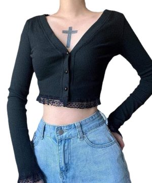 Schmal geschnittener Grunge-Cardigan für Damen mit Spitzensaum - Gothic Shop