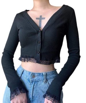 Schmal geschnittener Grunge-Cardigan für Damen mit Spitzensaum - Gothic Shop