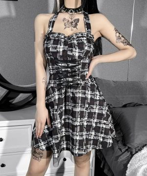 Damen-Grunge-Kleid mit V-Ausschnitt und Schnürung, kariertes Neckholder-Kleid - Gothic Shop