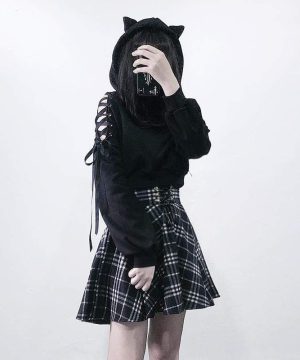 Damen-Pullover mit Schnürung, ausgehöhlt und mit Kapuze - Gothic Shop