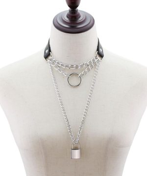 Damen-Halsband aus Kunstleder mit Metallkette und Schloss und Schlüssel - Gothic Shop