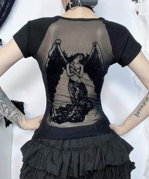 Punk Angel Flocking Mesh Splice T-Shirt für Damen - Gothic Shop