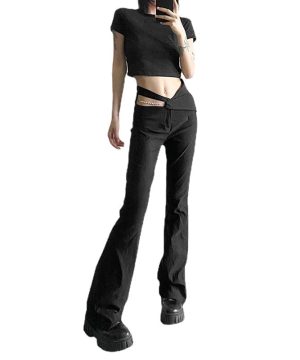 Damen-Schlaghose mit Punk-Ausschnitt und hoher Taille - Gothic Shop