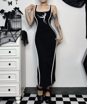 Schmal geschnittenes, langes Slip-Kleid mit Punk-Stickerei für Damen - Gothic Shop