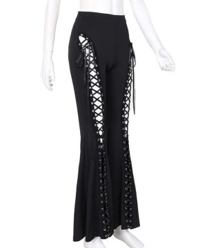 Damen-Schlaghose mit Punk-Ösen und Schnürung - Gothic Shop