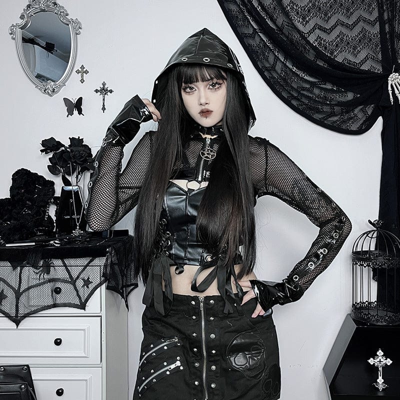 Punk-Ösen-Mesh-Cape für Damen mit Kapuze - Gothic Shop