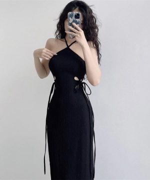 Langes Punk-Neckholder-Kleid mit seitlicher Schnürung für Damen - Gothic Shop