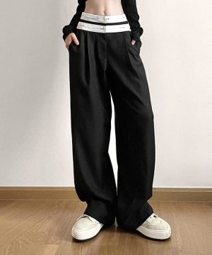 Damen-Punk-Hosen mit hoher Taille in Kontrastfarbe und geradem Bein - Gothic Shop