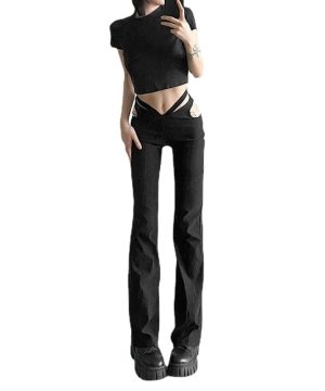 Damen-Punk-Schlaghose mit hohem Bund und Ausschnitt - Gothic Shop