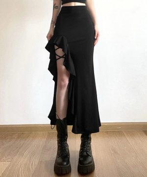 Damen-Punk-Rock mit unregelmäßigem Rüschen-Split - Gothic Shop