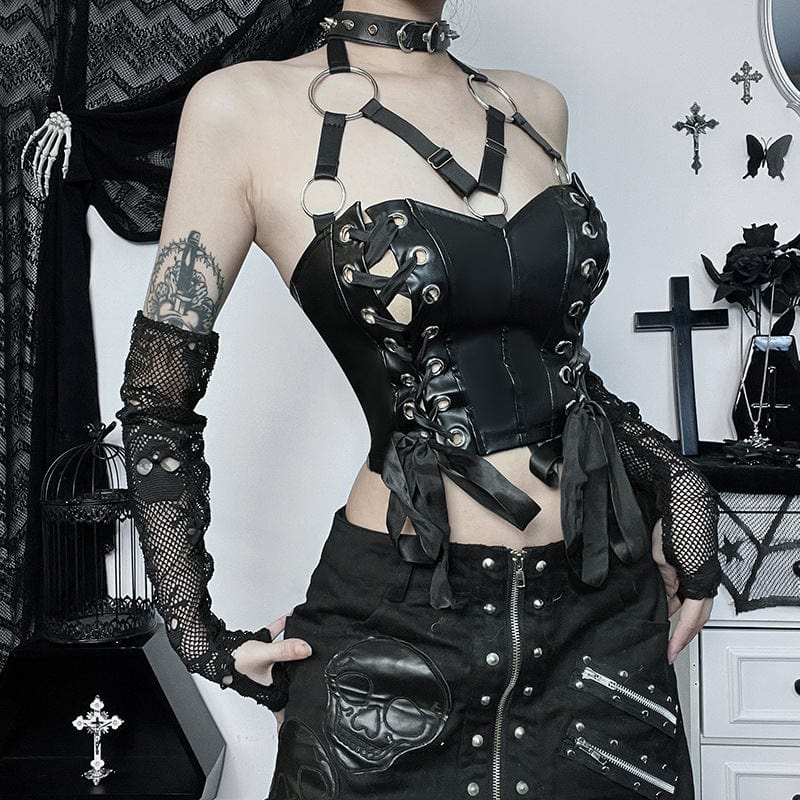 Punk-Tanktop aus Kunstleder mit Schnürung für Damen - Gothic Shop