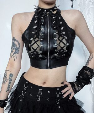 Damen-Punk-Schnür-Mesh-Buister mit Reißverschluss - Gothic Shop