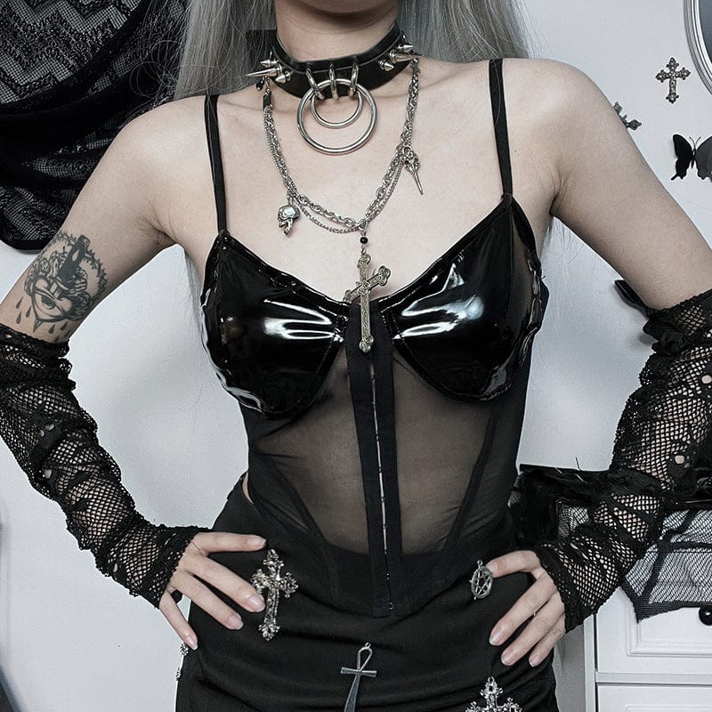 Damen-Tanktop aus Punk-Mesh-Splice-Lackleder - Gothic Shop