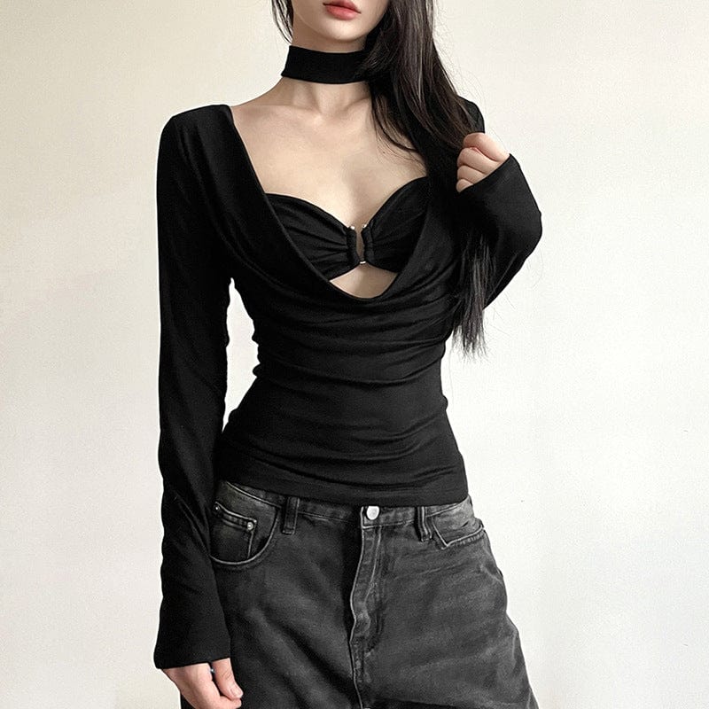 Damen-Punk-Langarmshirt mit tiefem Ausschnitt, BH und Halsband - Gothic Shop