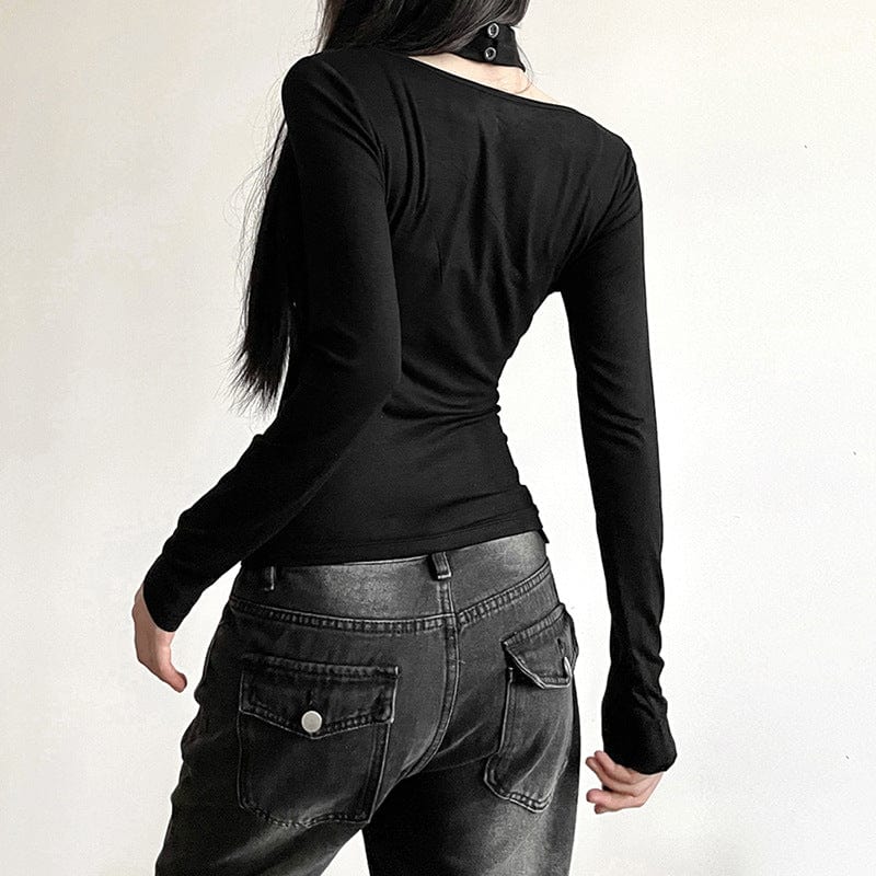 Damen-Punk-Langarmshirt mit tiefem Ausschnitt, BH und Halsband - Gothic Shop