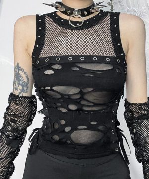Punk-Tanktop mit geripptem Netzstoff und Ösen für Damen - Gothic Shop
