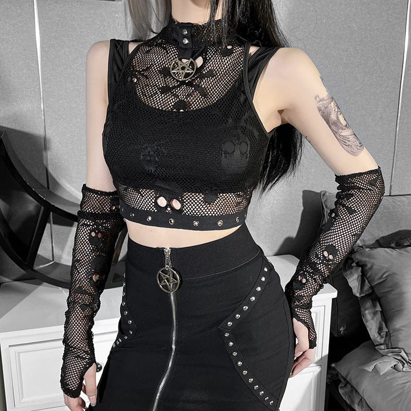 Zweiteiliges Crop-Top mit Punk-Schädel-Mesh für Damen und Ärmelärmeln - Gothic Shop