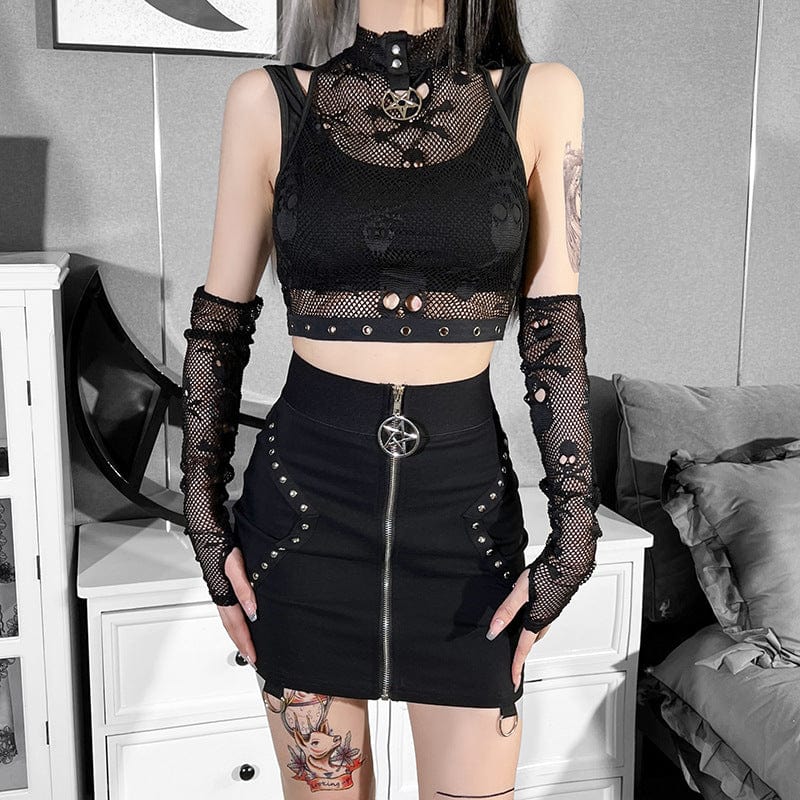Zweiteiliges Crop-Top mit Punk-Schädel-Mesh für Damen und Ärmelärmeln - Gothic Shop