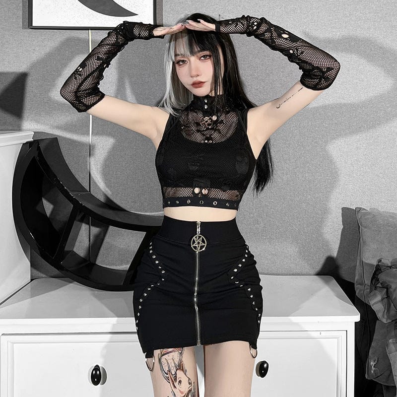 Zweiteiliges Crop-Top mit Punk-Schädel-Mesh für Damen und Ärmelärmeln - Gothic Shop