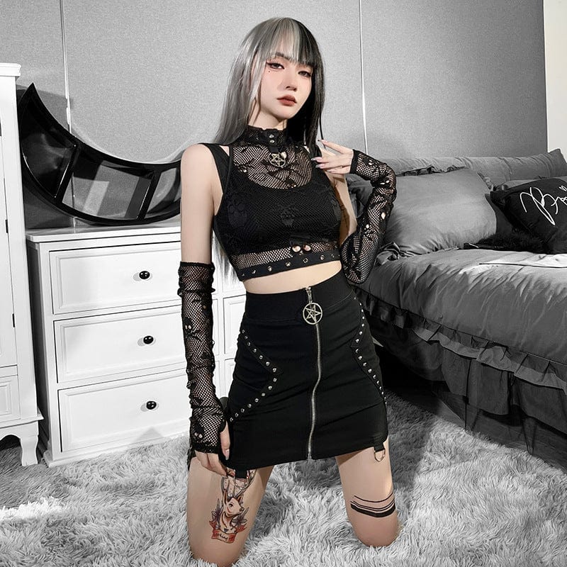 Zweiteiliges Crop-Top mit Punk-Schädel-Mesh für Damen und Ärmelärmeln - Gothic Shop