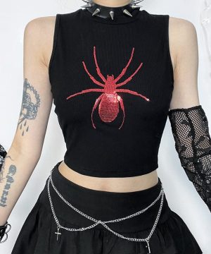 Damen-Tanktop „Punk Spider“ mit Pailletten und schmaler Passform - Gothic Shop
