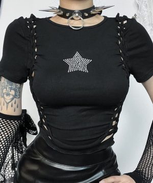Damen-Punk-Star-Pailletten-Twining-Crop-Top - Gothic Shop