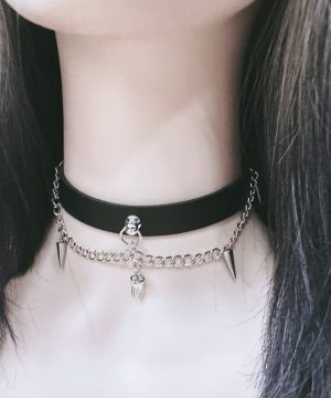 Damen-Halsband aus Kunstleder mit Punk-Nietenkette - Gothic Shop