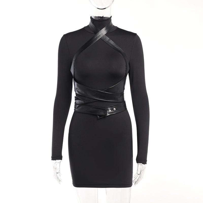 Punk-Rollkragenpullover für Damen mit Kunstlederriemen und Spleißen - Gothic Shop
