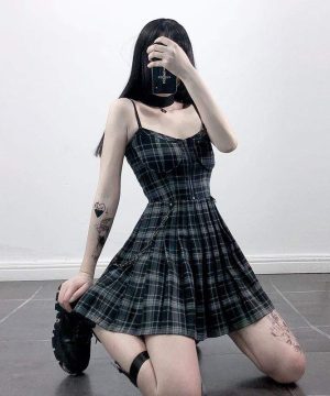 Karierte Slip-Kleider mit Reißverschluss und Fliegenkette für Damen - Gothic Shop