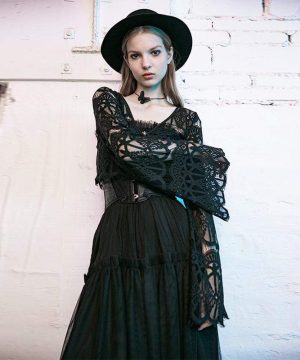 Damen-Oberteile mit ausgestellten Ärmeln und Reißverschluss, Blumenmuster und voller Spitze - Gothic Shop