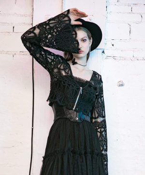 Damen-Oberteile mit ausgestellten Ärmeln und Reißverschluss, Blumenmuster und voller Spitze - Gothic Shop