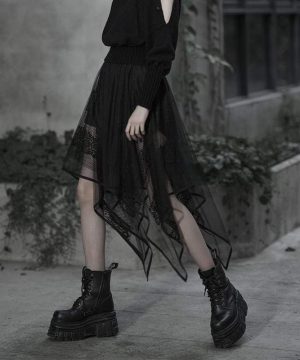 Unregelmäßiger Gothic-Maxirock aus Netzstoff mit Blumenmuster und Spitze für Damen - Gothic Shop