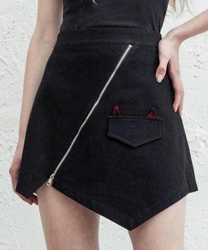 Unregelmäßige schwarze Gothic-Röcke mit Frontreißverschluss für Damen - Gothic Shop