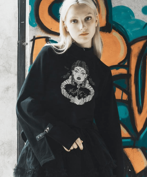 Lässiger Goth-Pullover mit hohem Halsausschnitt und Hexen-Print für Damen - Gothic Shop