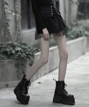 Damen-Gothic-Röcke aus mehrlagigem Netzstoff mit hoher Taille und Schnürung - Gothic Shop