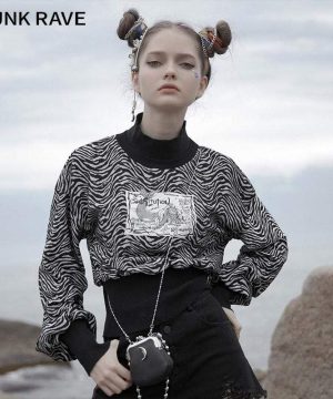 Kurze Gothic-Sweatshirts mit Zebrastreifen und hohem Kragen für Damen - Gothic Shop