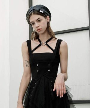 Damen-Tanktops im Grunge-Cross-Stil mit schmaler Passform in Schwarz - Gothic Shop