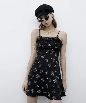 Schwarzes Slip-Kleid mit Grunge-Blumenmuster für Damen - Gothic Shop