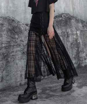 Damen-Grunge-Seitenschlitz-Maxiröcke aus kariertem Chiffon mit Schnürung - Gothic Shop